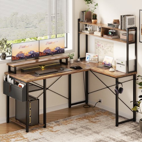 Aheaplus - Small Reversible L-Shaped Gaming Desk: LED Lights, Power Outlets, Monitor Stand & Storage for Home Office Corner - Rustic Brown-Front_Standard 