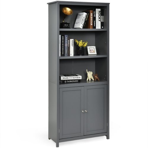 Costway - Bookcase Shelving Storage Wooden Cabinet Unit Standing Bookcase W/Doors - Gray