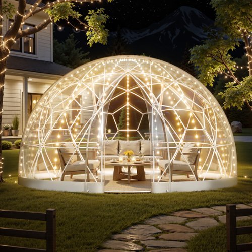 VEVOR - Garden Dome Tent, 9.5 x 5.7 ft Outdoor Clear Bubble Tent for 2-4 Person, Weatherproof Geodesic Dome Greenhouse - Transparent-Front_Standard 