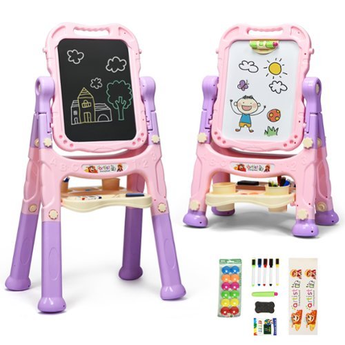 Costway - Height Adjustable Kids Art Easel Magnetic Double Sided Board with Accessories - Pink-Front_Standard 