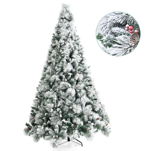 Costway - Snow Flocked Christmas Tree Glitter Tips w/ Pine Cone & Red Berries - Green/White