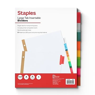 Staples - Large Tab Insertable Paper Dividers, 8-Tabs - Assorted Colors