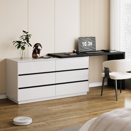 luck idea - Modern Extendable Desk with 6-Drawer Storage, Reversible Left/Right Setup, Writing Desk for Home Office or Bedroom - Black-Front_Standard 