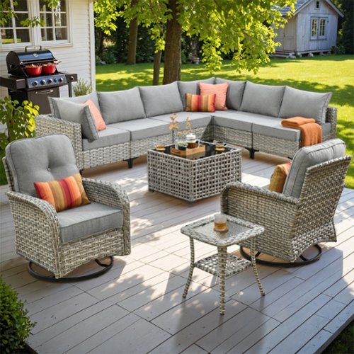 Ovios - 10 PCS Outdoor Patio Furniture Sectional Conversation Set with Swivel Chairs & Coffee Table - Dark Gray-Front_Standard 