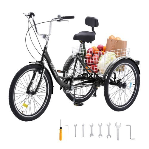 VEVOR - Adult Tricycles Bike, 7 Speed Adult Trikes, 24 Inch Three-Wheeled Bicycles, Carbon Steel Cruiser Bike with Basket - Black-Front_Standard 