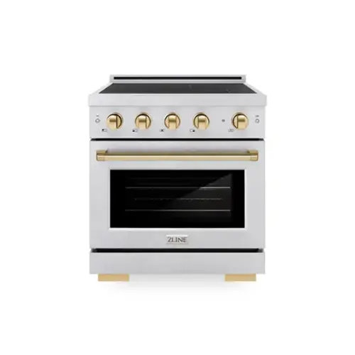 Front. ZLINE - Autograph 30 in. 4.2 cu. ft. Paramount Freestanding Induction Range with 4 Burners in Satin Steel with Gold Accents - Satin Stainless Steel.