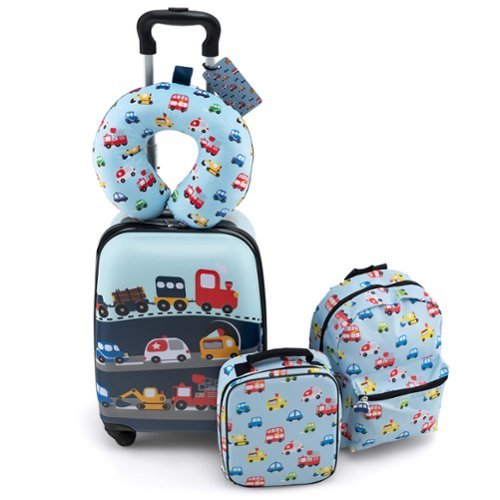 Costway 5 PCS Kids Luggage Set with Backpack Neck Pillow Luggage Tag Lunch Bag Wheels Blue - Blue