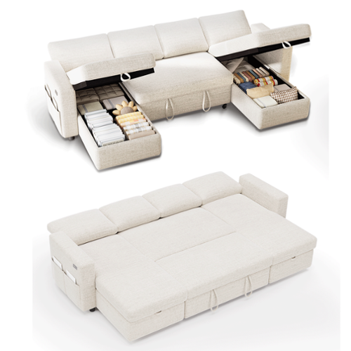 Vipbear - 81" U Shaped Pull Out Couches for Living Room with Storage Chaise, USB Port&Cupholder - Beige-Front_Standard 