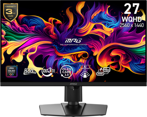 MSI - MPG271QRQDOLEDX50 27" Quantum Dot OLED QHD 500Hz 0.03ms FreeSyncPremium Monitor with HDR400 (DisplayPort, HDMI, USB-C) - Metallic Black - RGB-Front_Standard 