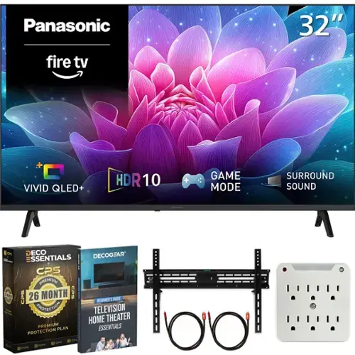 Panasonic  
32"  
fire tv  
VIVID QLED+  
HDR10  
GAME MODE  
SURROUND SOUND  

Panasonic  
DECOGEAR ESSENTIALS CPS  
PREMIUM 26 MONTH CPS  
BEGINNER'S GUIDE  
TELEVISION HOME THEATER PREMIUM PLAN  
ESSENTIALS CPS PROTECTION  
CPS COS