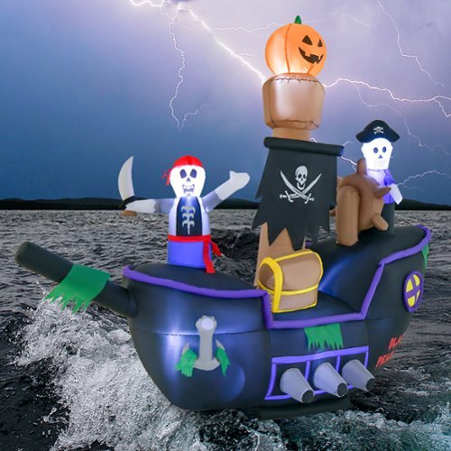 Costway - 7FT Long Halloween Inflatable Pirate Ship Blow-up Skeleton Pirate Decoration with Bright LED Lights - Black/Purple