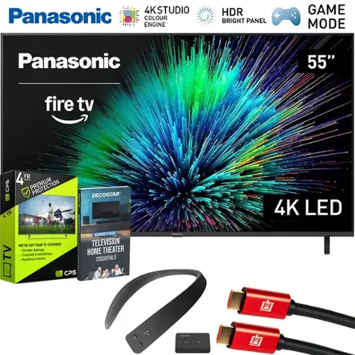 Panasonic  
4KSTUDIO  
COLOUR ENGINE  
HDR  
BRIGHT PANEL  
GAME MODE  
55"  
4K LED  

fire tv  

4 YR PREMIUM PROTECTION  
WE'VE GOT YOUR TV COVERED!  
- Screen damage  
- Cracked frame/drops  
- Hardware faults  

DECOCGEAR  
BEGINNER'S GUIDE  
TELEVISION HOME THEATER ESSENTIALS  

CPS REGINNER GUIDE