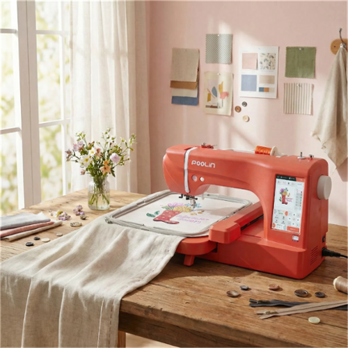 Poolin - EOC06-RE 11x7.9" Large Area Computerized Embroidery Machine 7" LCD Touchscreen with Wifi for Mothers' Day Gift - Red-Front_Standard 
