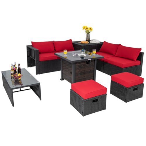Costway - 9 PCS Patio Furniture Set with 32" Fire Pit Table 50,000 BTU Square Propane Fire Pit - Red-Front_Standard 