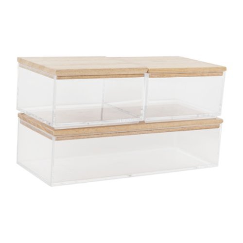 Martha Stewart - Brody Premium Clear Plastic Storage Bins Paulownia Wood Lids-2-SM/1-MED - Clear/Light Natural-Front_Standard 