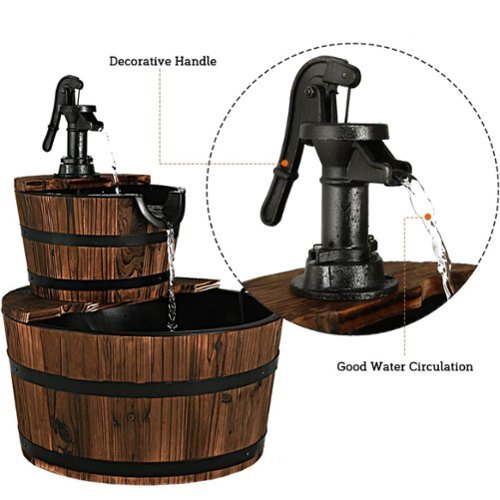 Costway 2 Tier Barrel Waterfall Fountain Barrel Wooden Water Fountain Pump Outdoor Garde - Brown BUY IN EUROPE