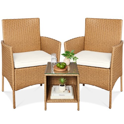 Best Choice Products - 3-Piece Outdoor Wicker Conversation Patio Bistro Set, w/ 2 Chairs, Table - Natural/Ivory-Front_Standard 