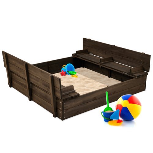 Best Choice Products - Large Outdoor Wooden Sandbox for Kids with Cover and Bench Seats Support up to 220 lbs - Espresso-Front_Standard 