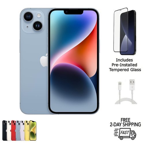 Apple - Refurbished Excellent - iPhone 14 Plus A2632 (Fully Unlocked) 256GB Bundle with Pre-Installed Tempered Glass - Blue-Front_Standard 