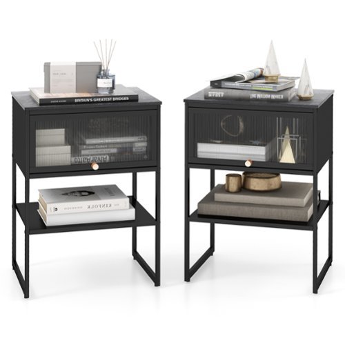 Costway 2 PCS Home Nightstand 3-Tier Storage Table with Door Open Shelf Heavy-duty Metal Frame - Black