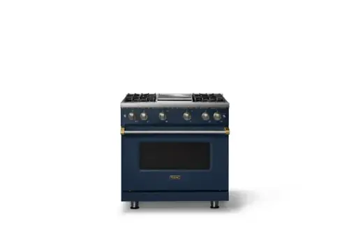 Front. Viking - 36 in. Wide 4 Burner Pro 5 Series 5.1 Cu. Ft. Freestanding Sealed 4 Burner LP Gas Convection Range with Brushed Brass - Slate Blue.