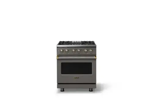 Front. Viking - 30 in. Wide 4 Burner Pro 5 Series 4.7 Cu. Ft. Freestanding Sealed DF Convection Range with Brushed Brass Trim - Damascus Gray.