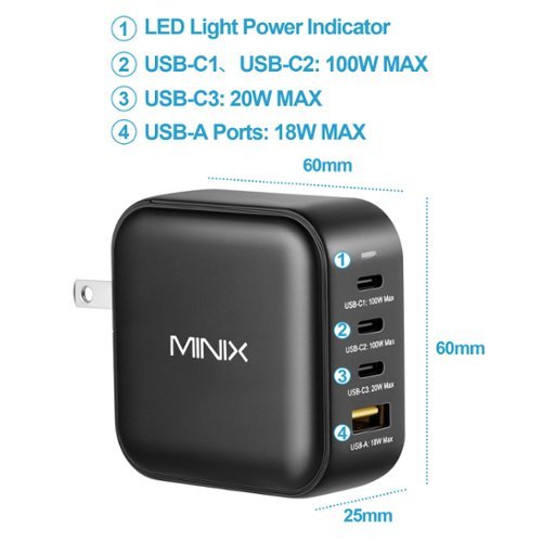 MINIX 100W Turbo 4-Ports GaN Foldable Wall Charger with 3-USB-C(Max 100W/20W), 1-USB-A(Max 18W), US/EU/UK Plugs for Travel - Black SHOP ONLINE