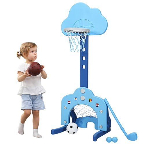 Costway - 3-in-1 Kids Basketball Hoop Set Adjustable Sports Activity Center w/ Balls - Blue-Front_Standard 