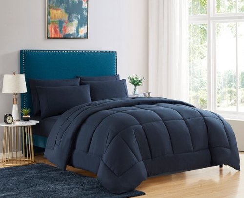 Sweet Home Collection - All Season Reversible Bed-in-A-Bag Solid Color Comforter & Sheet Set, Queen - Navy-Front_Standard 