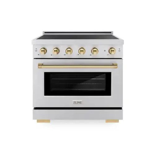 Front. ZLINE - Autograph 36 in. 5.2 cu. ft. Paramount Freestanding Induction Range with 5 Burners and Electric Oven w/ Gold Accents - Stainless Steel.