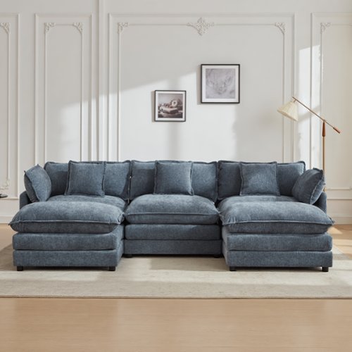 KERDOM - Modular Sleeper Sofa Bed Chaise Longue Anti-Cat Scratch Chenille Cloth, 3 Seat Convertible Sectional L Shaped Sofa Couch - Blue + 2 Ottomans-Front_Standard 