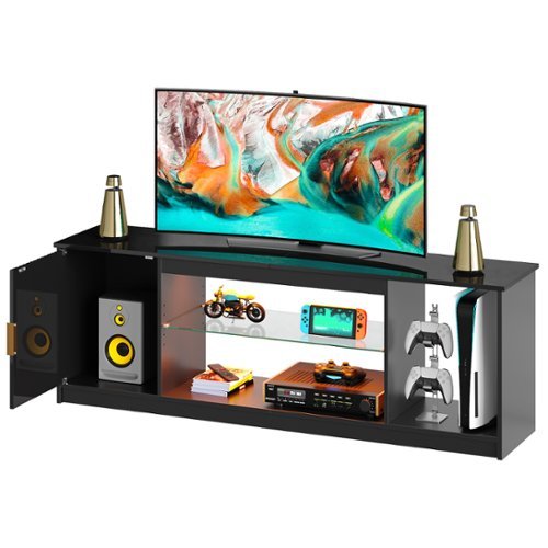Bestier - 57" Gaming TV Stand with Adjustable Shelves LED-Lit TV Console for 65-Inch TVs with Cabinet Storage - Black-Front_Standard 