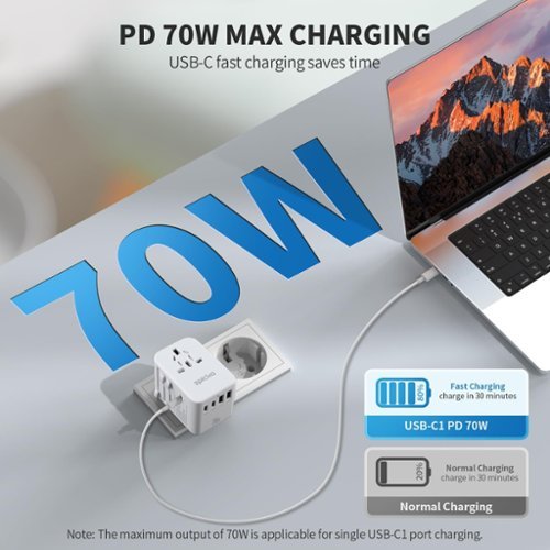 Epicka GaN 70W Universal Travel Adapter with 3 USB-C PD Fast Charging & 2 USB-A (TA-105 Pro, White) - White WORLDWIDE DELIVERY