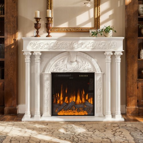 Homsee - Farmhouse Electric Fireplace Mantel Cabinet with Solid Wood Columns, 1500W Heater, Flame Effects for Living Room - Wihte & Black-Front_Standard 