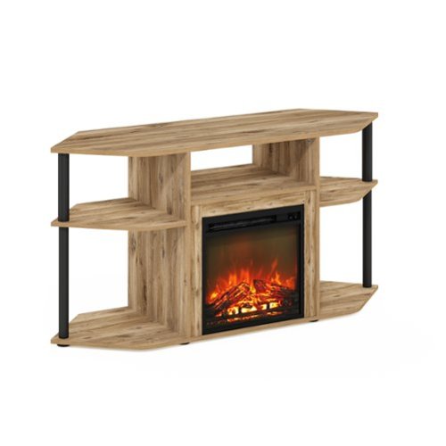 Furinno - Jensen Open Storage Corner Fireplace TV Entertainment Center with Plastic Poles for TV up to 55 Inch - Flagstaff Oak/Black-Front_Standard 