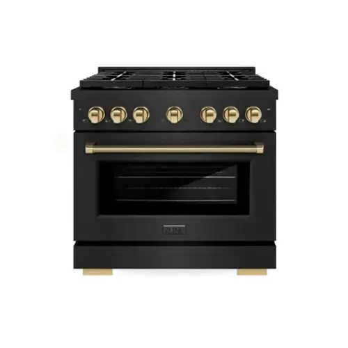 Front. ZLINE - Autograph 36 in. 5.2 Cu. Ft. Freestanding Paramount DuoPro Gas Range in Black Steel with Polished Gold Helix Handles - Black Stainless Steel.