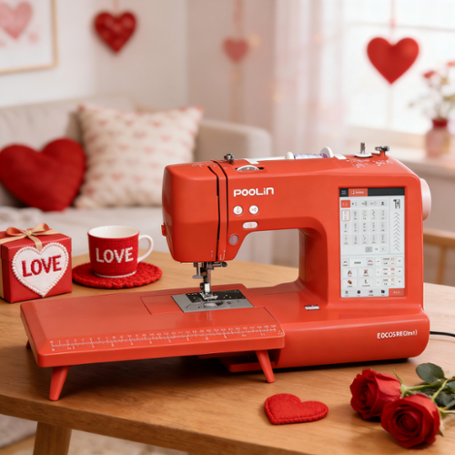 Poolin - EOC05-RE(2in1) Sewing & Embroidery Machine Computerized 9.2x4" Area, 7" LCD Touch Screen Wifi & Starter kit - Red-Front_Standard 