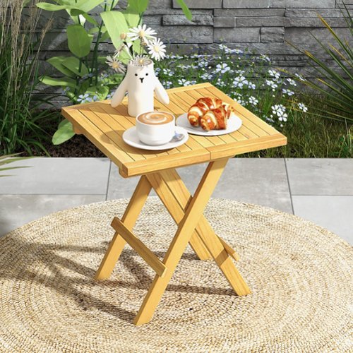 Gymax Patio Folding Side Table w/X shaped Legs Slatted Tabletop