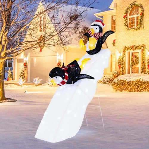 Costway 4FT Pre-Lit Christmas Penguin Ice Skating Decoration with Snowy Slide & LED Lights - Multicolor