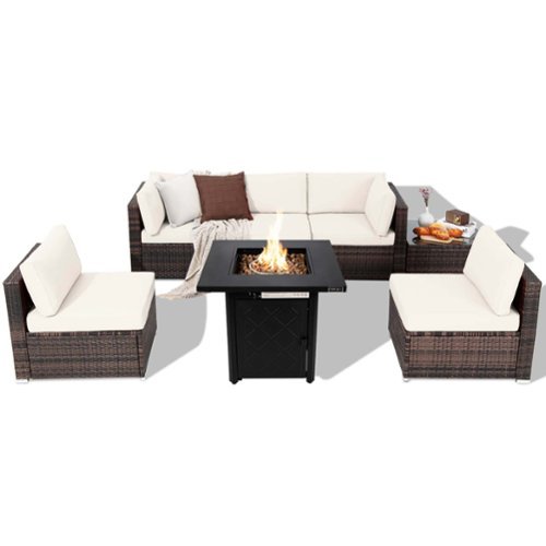 Costway - 7 PCS Patio Furniture Set with 28" 50000 BTU Propane Gas Fire Pit Table Cushions - Off White-Front_Standard 