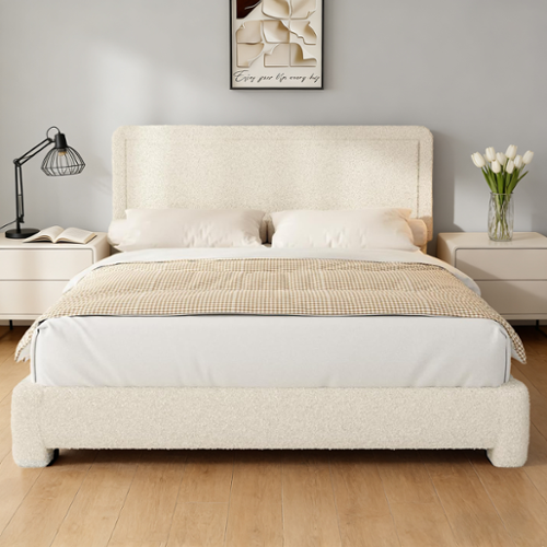 Vipbear - Queen Size Upholstered Bed Frame with Adjustable Headboard, Soft Rounded Corners, No Box Spring Required, Easy Assembly - Beige-Front_Standard 
