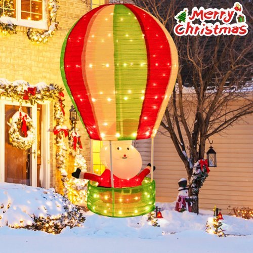 Costway 4.5 FT Christmas Santa Claus with Hot Air Balloon Pop-up Pre-Lit Christmas Decoration - Red/Green/White