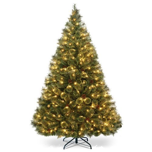 Costway - 6Ft Pre-Lit PVC Artificial Carolina Pine Tree Flocked Cones Hinged w/ LED Lights - Green