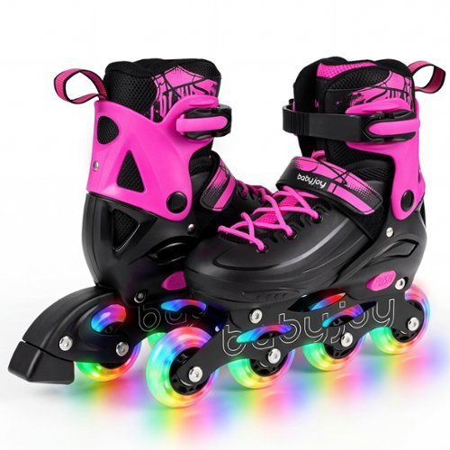 Costway - 4-Size Adjustable Light-Up Roller Skates with Illuminating Wheels & Safety Support - Pink-Front_Standard 