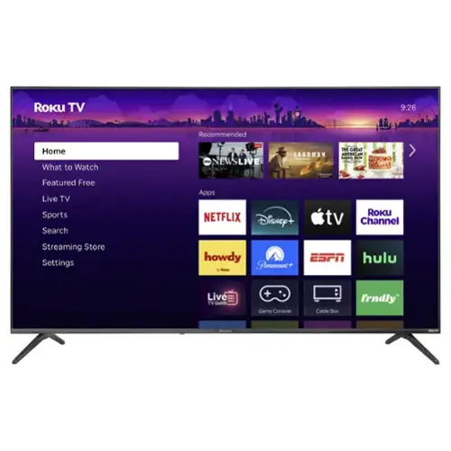Roku TV  
9:26  
Recommended  

Home  
What to Watch  
Featured Free  
Live TV  
Sports  
Search  
Streaming Store  
Settings  

Apps  
NETFLIX  
Disney+  
Apple TV  
Roku Channel  
howdy  
ESPN  
hulu  
Paramount+  
Live TV Guide  
Game Console  
Cable Box  
frndly TV
