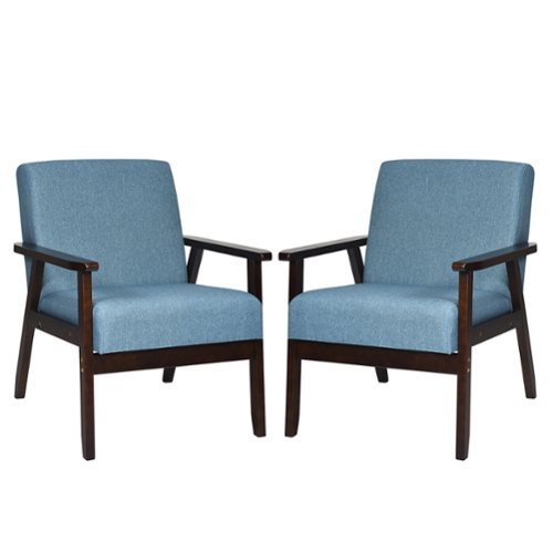 Costway - Set of 2 Fabric Accent Armchair Solid Wood Upholstered Lounge Chair - Blue