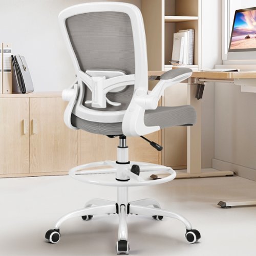 Brick Attic - Drafting Chair, Tall Office Chair Ergonomic Desk Chair, Task Rolling Chair with Adjustable Flip-up Armrests Foot Ring - Gray-Front_Standard 