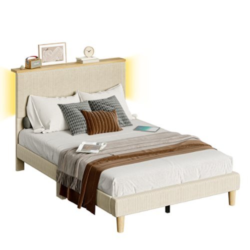 Bestier Full Size Upholstered Platform Bed with LED Lighting and Adjustable Storage Headboard for Bedroom - Beige