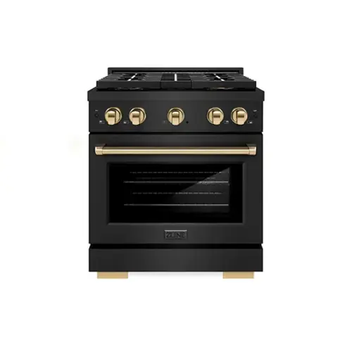 Front. ZLINE - Autograph Edition 30 in. 4.2 cu. ft. Paramount Freestanding Gas DuoPro Range in Black Steel and Polished Gold Accents - Black Stainless Steel.