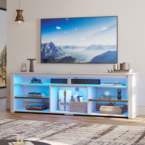 Bestier 70" Gaming TV Console for TVs up to 75" featuring LED Lighting Storage and Adjustable Shelves - White